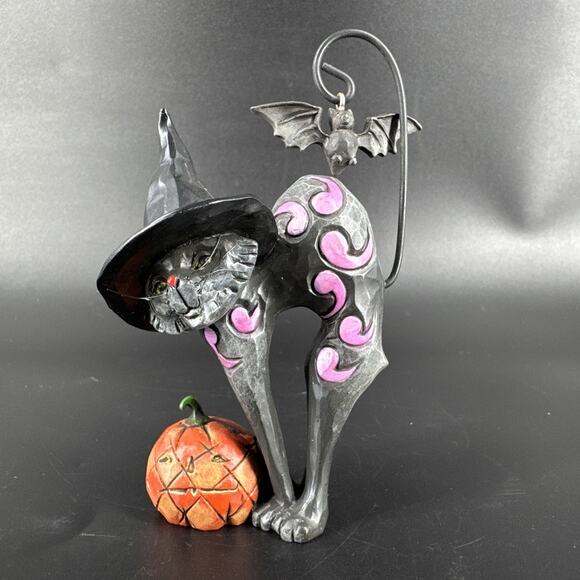 RARE Jim Shore Halloween Mini Black Cat Pumpkin Witch Hat Figurine In Box - Picture 1 of 9